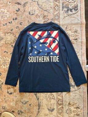 Southern Tide Navy Blue Long Sleeve Performance Tee with Patriotic Fish Logo
